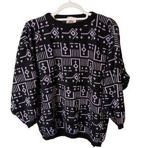 Tree-Ko Vintage 80s 90s Black and Metallic Lavender Geometric Sweater Size M L